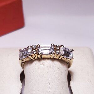 Estate DQCZ 1.85cttw Emerald & Rd Cut CZ 10Kt YG Anniversary Band S-7 Ring#23380